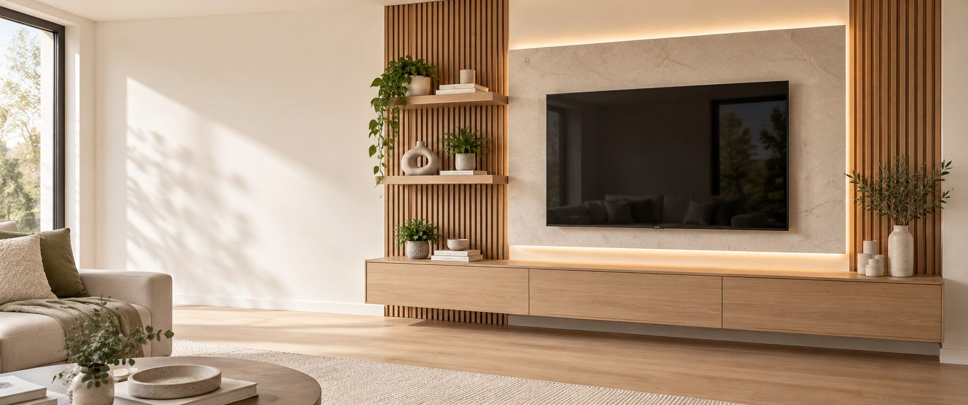 Custom timber cabinetry and floating TV unit